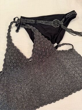 BECCA 3 piece Metallic and Black Crochet Bikini Top, Bottom, and Skirt Set